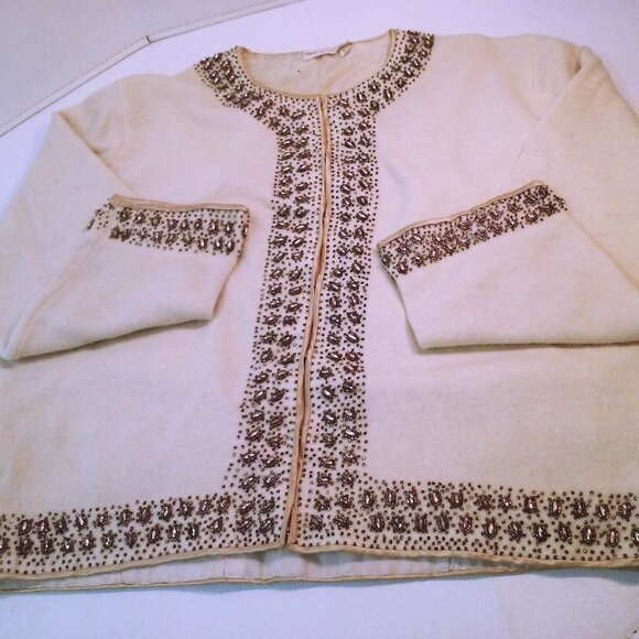 Vintage 50s Embellished Cashmere Cardigan Sweater Lady(38) Beaded-Border Lined - Picture 6 of 13